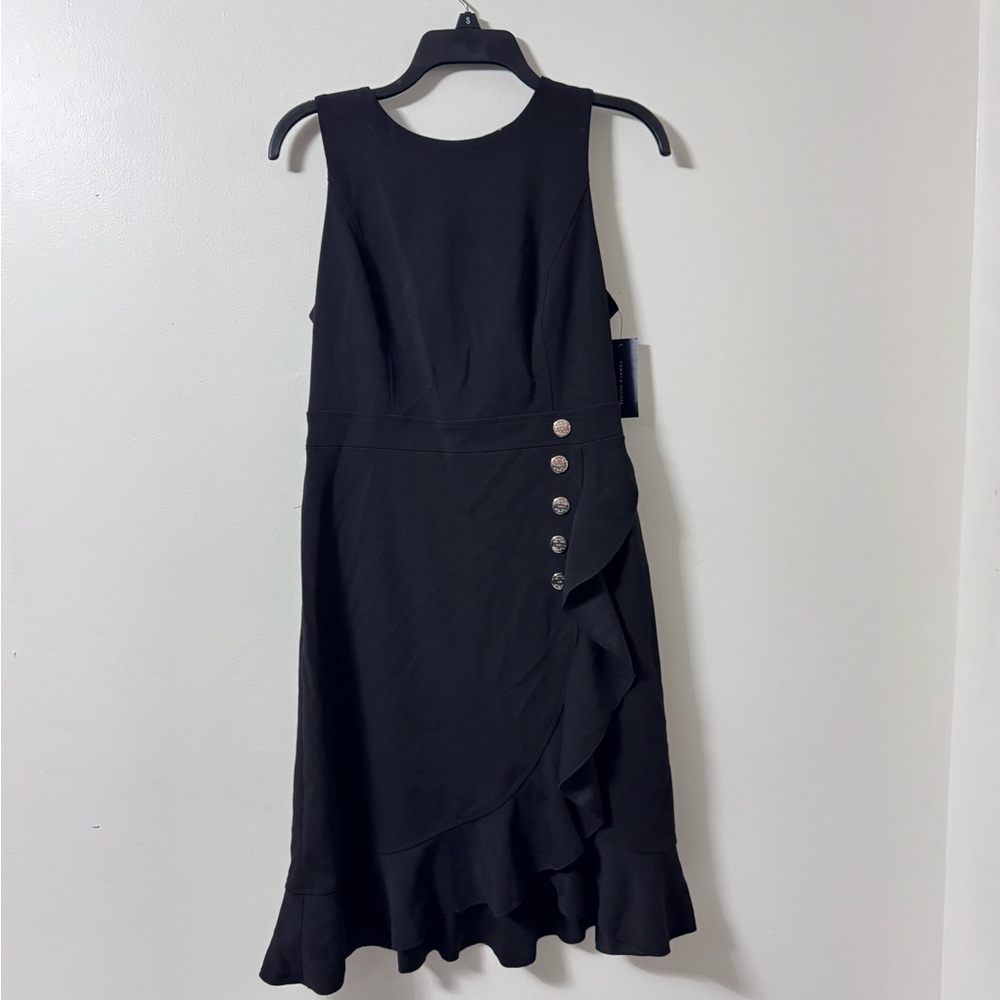 Tommy Hilfiger Black Midi Dress with Ruffle and Button Detail